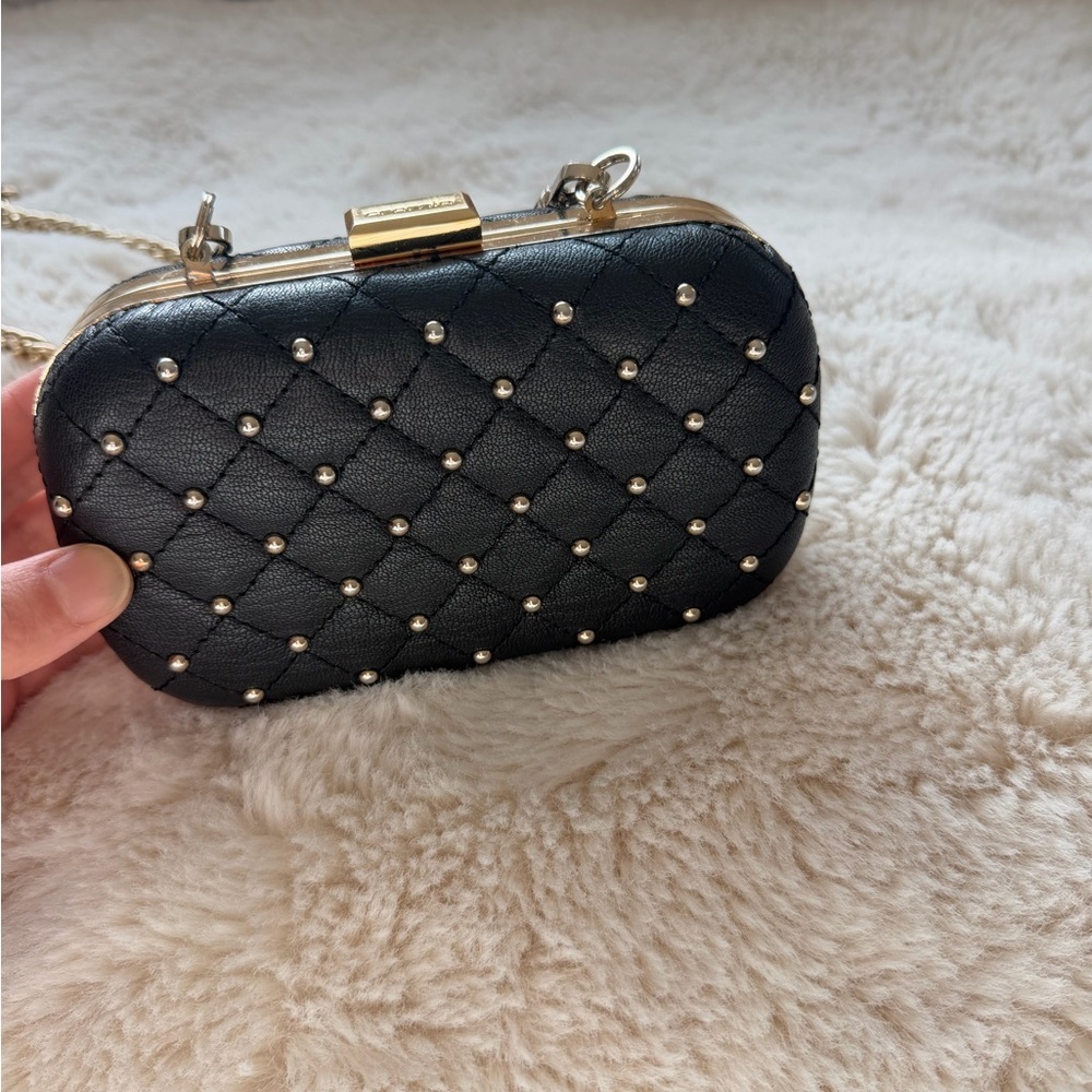 Cromia Italian Leather Black Studded Box Clutch Evening Bag
